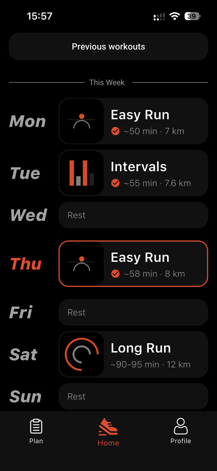 KMOI home screen showing this week's runs