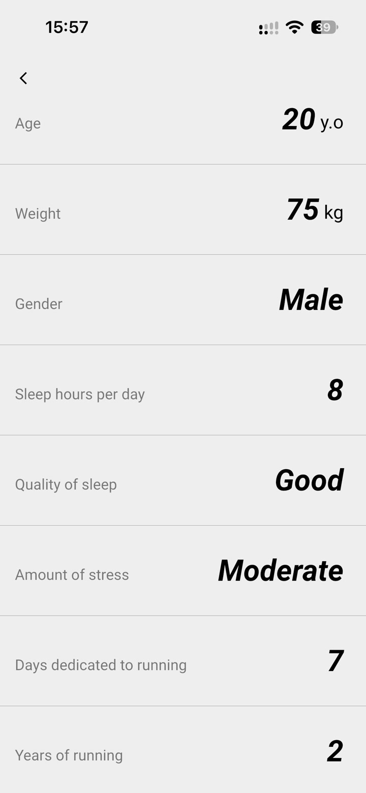 KMOI profile screen with age, weight, sleep and running history